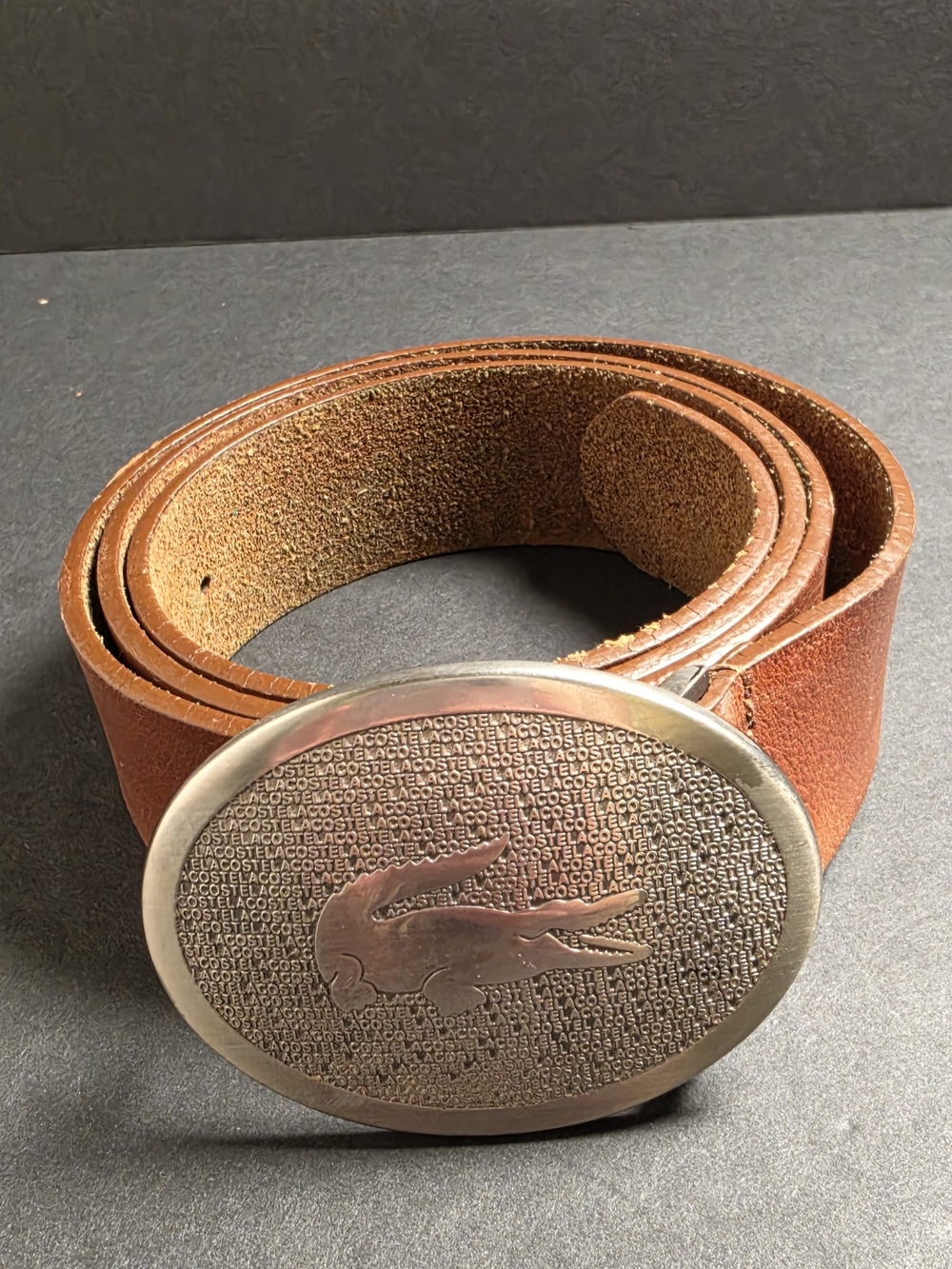 Lacoste Brown Leather Belt with Croc Logo Buckle